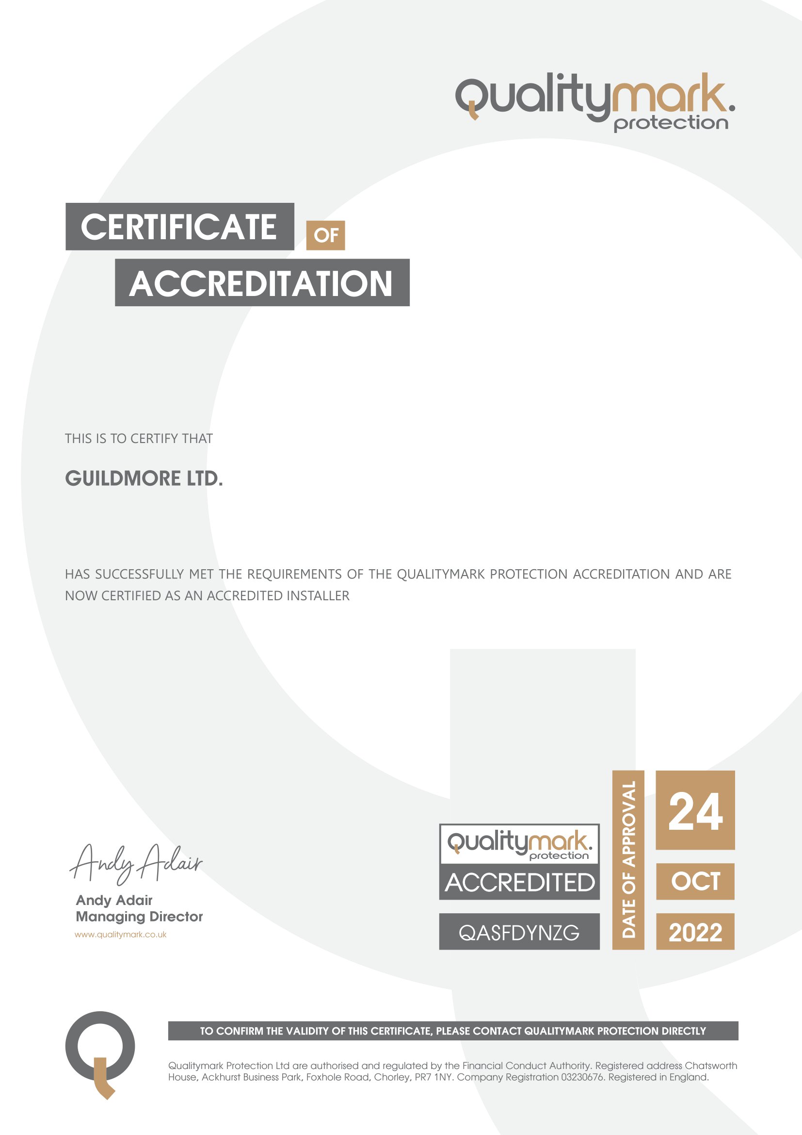 QMP Accredited Installer Certificate QASFDYNZG (GUILDMORE LTD.)