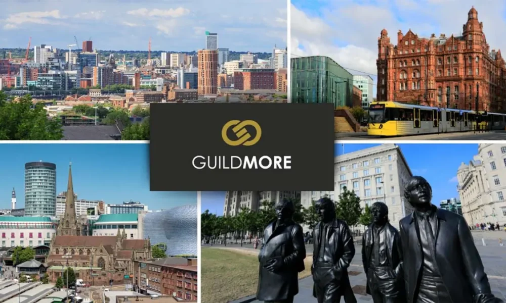 Guildmore's National Expansion graphic, with background cityscapes of Leeds, Birmingham, Manchester and Liverpool.