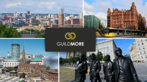 Guildmore's National Expansion graphic, with background cityscapes of Leeds, Birmingham, Manchester and Liverpool.