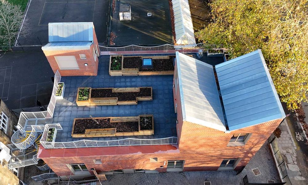 Aerial Shot of Community Hall at urban regeneration project in Brent, West London.