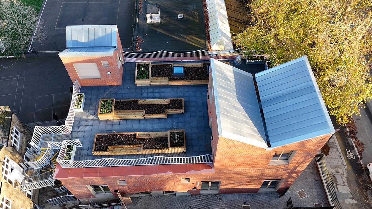 Aerial Shot of Community Hall at urban regeneration project in Brent, West London.